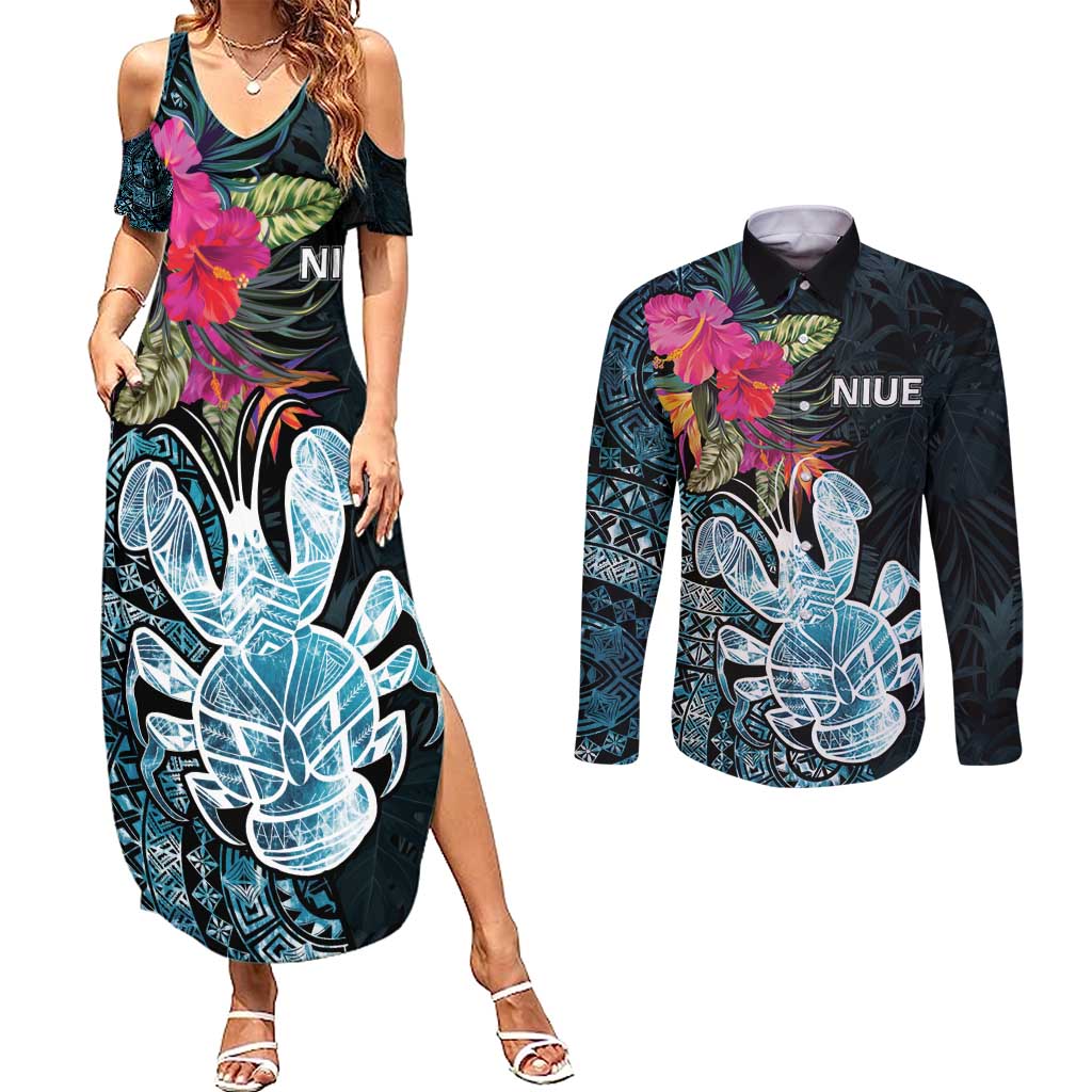 Niue Personalised Couples Matching Summer Maxi Dress and Long Sleeve Button Shirt Hiapo Mix Coconut Crab LT7 Art - Polynesian Pride