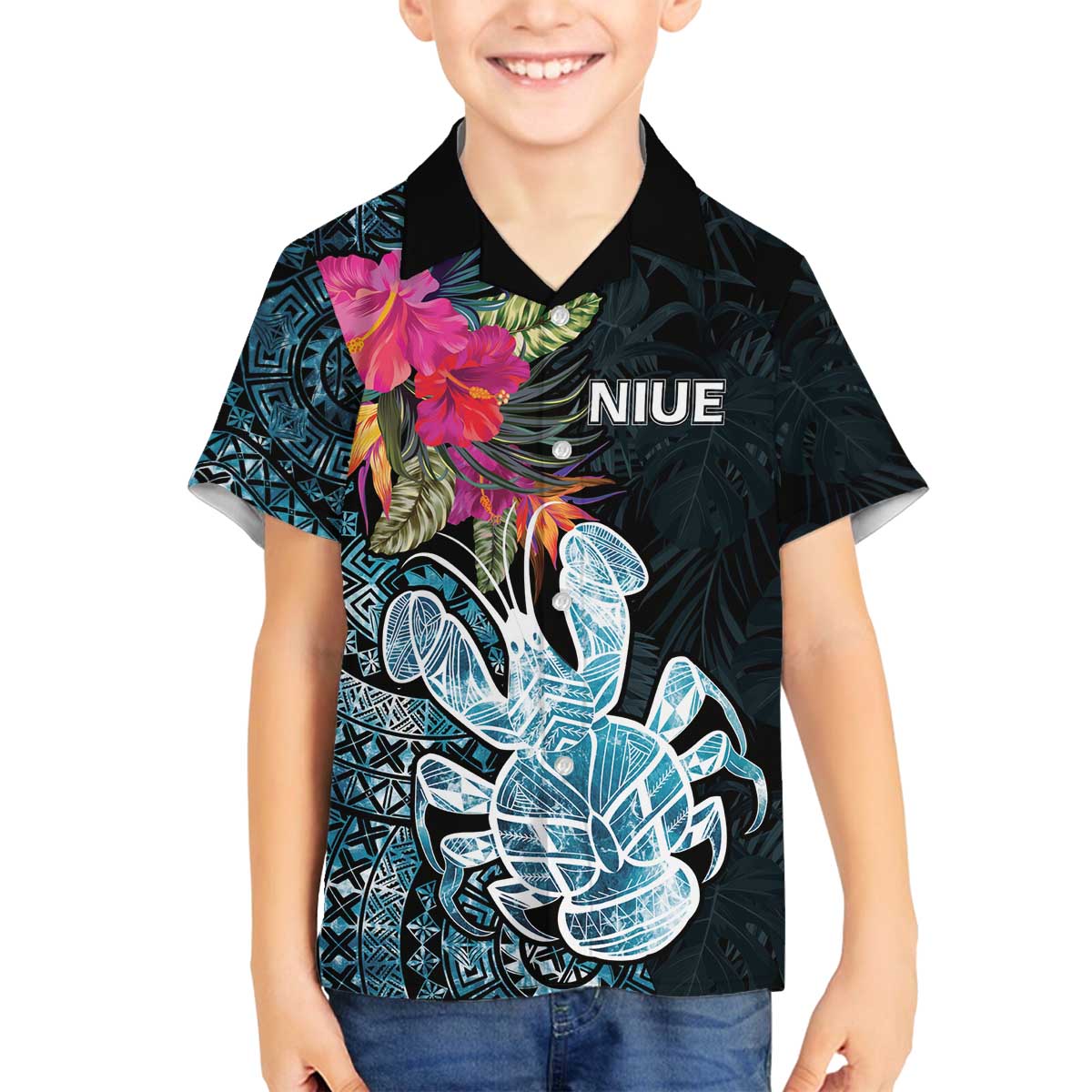 Niue Personalised Family Matching Off The Shoulder Long Sleeve Dress and Hawaiian Shirt Hiapo Mix Coconut Crab