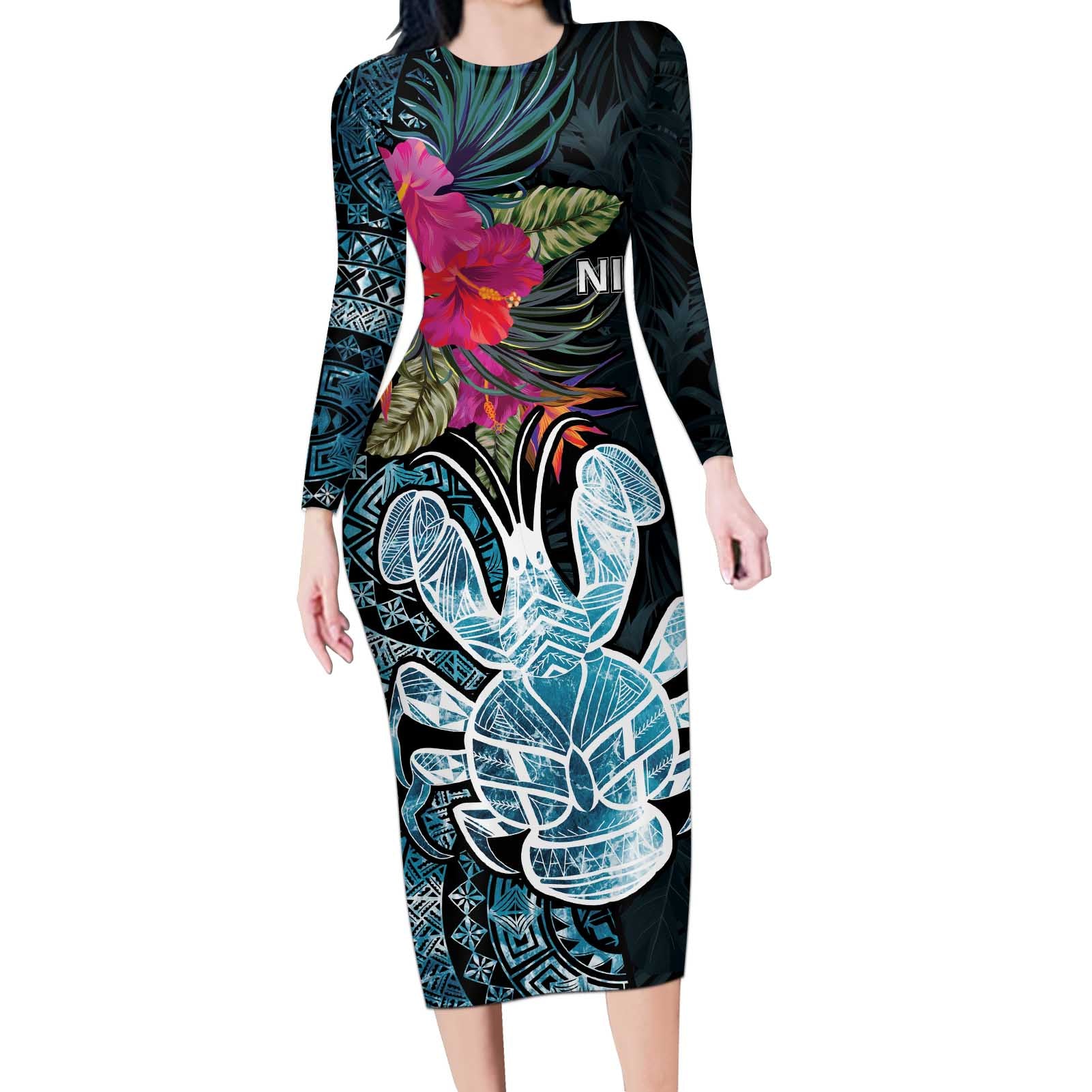 Niue Personalised Long Sleeve Bodycon Dress Hiapo Mix Coconut Crab LT7