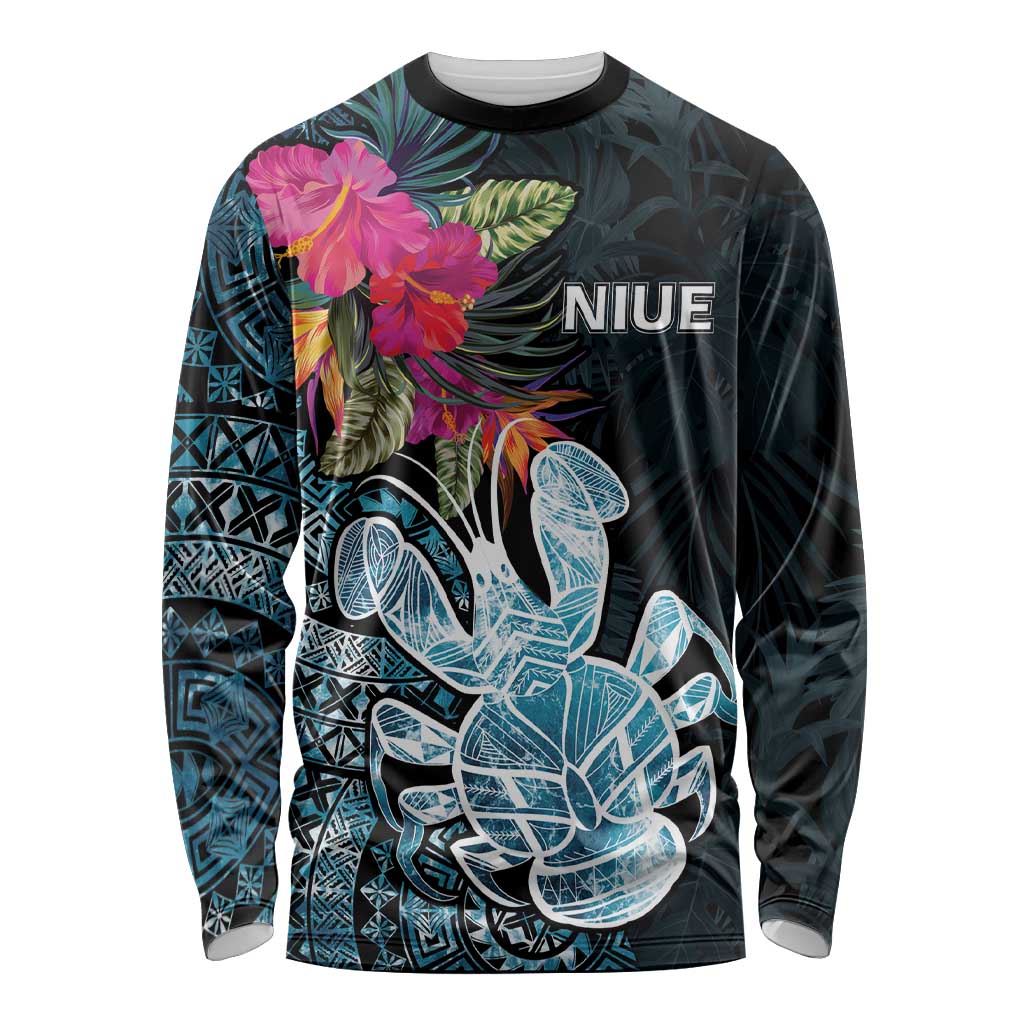 Niue Personalised Long Sleeve Shirt Hiapo Mix Coconut Crab LT7 Unisex Art - Polynesian Pride