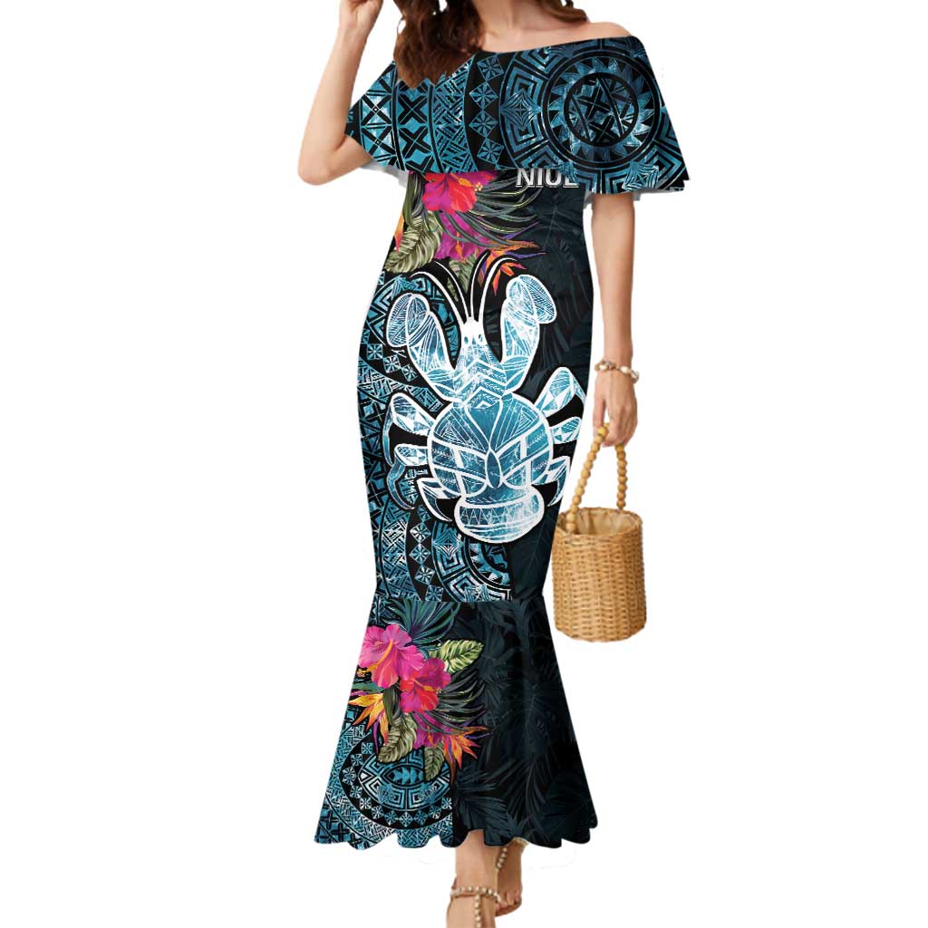 Niue Personalised Mermaid Dress Hiapo Mix Coconut Crab LT7 Women Art - Polynesian Pride