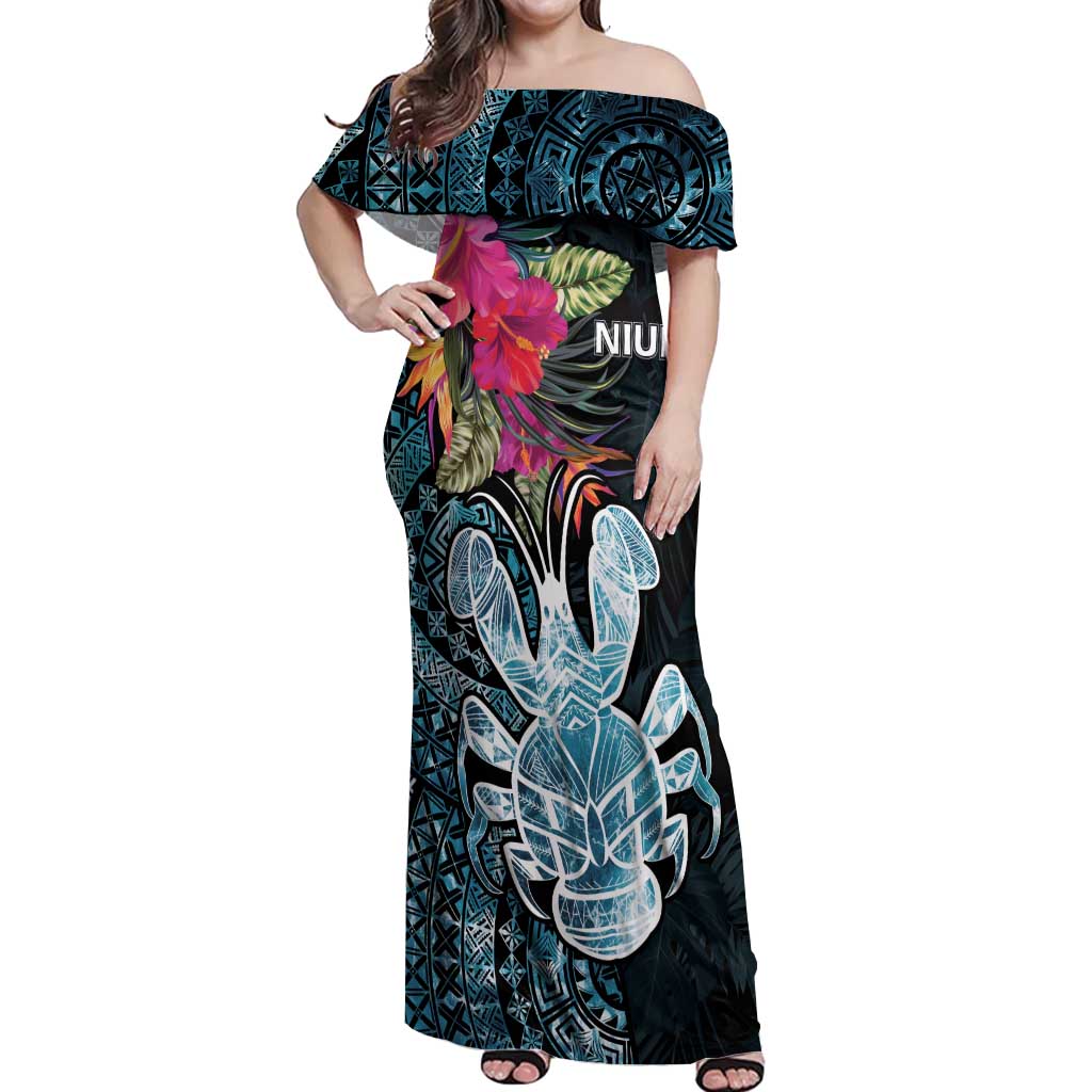 Niue Personalised Off Shoulder Maxi Dress Hiapo Mix Coconut Crab LT7 Women Art - Polynesian Pride