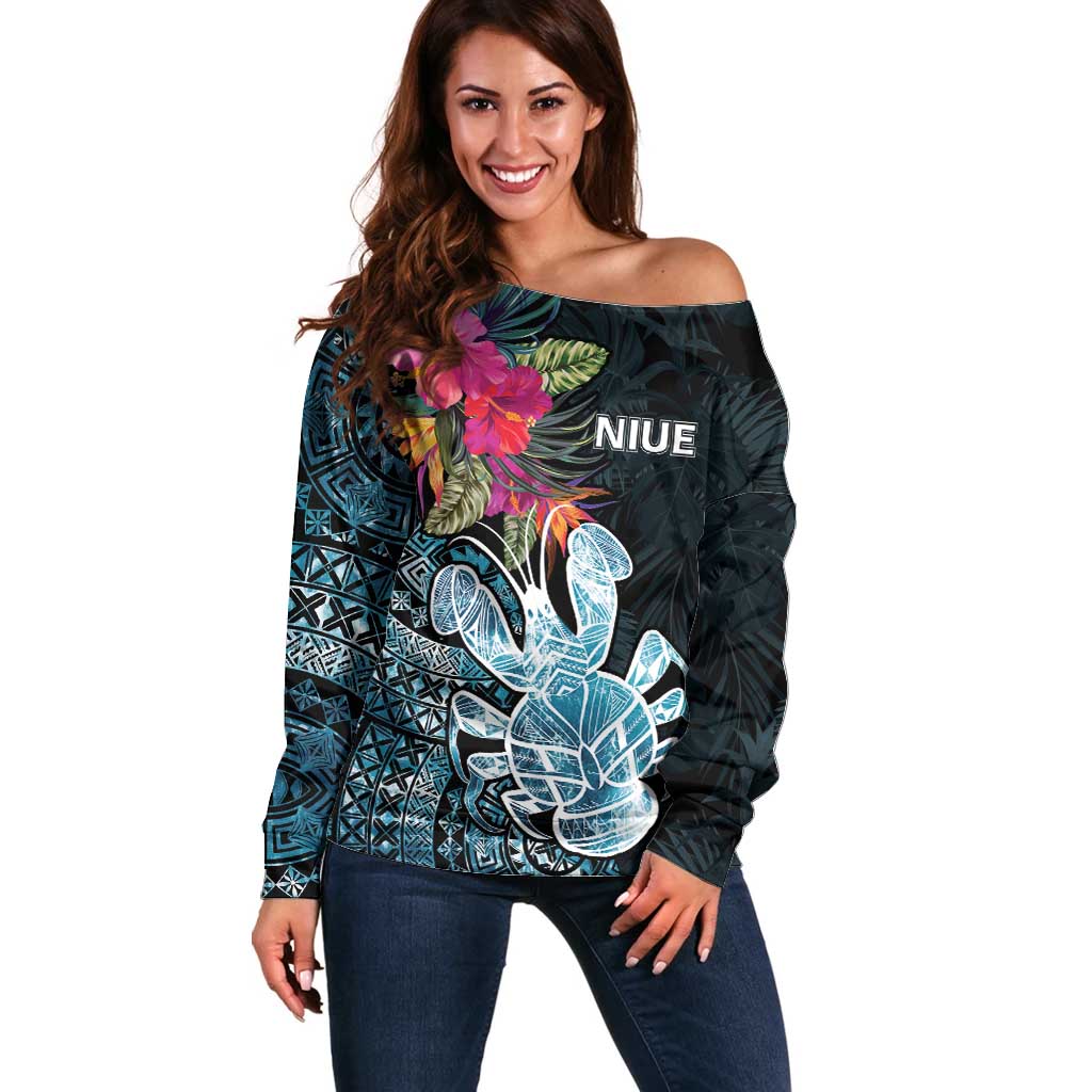 Niue Personalised Off Shoulder Sweater Hiapo Mix Coconut Crab LT7 Women Art - Polynesian Pride