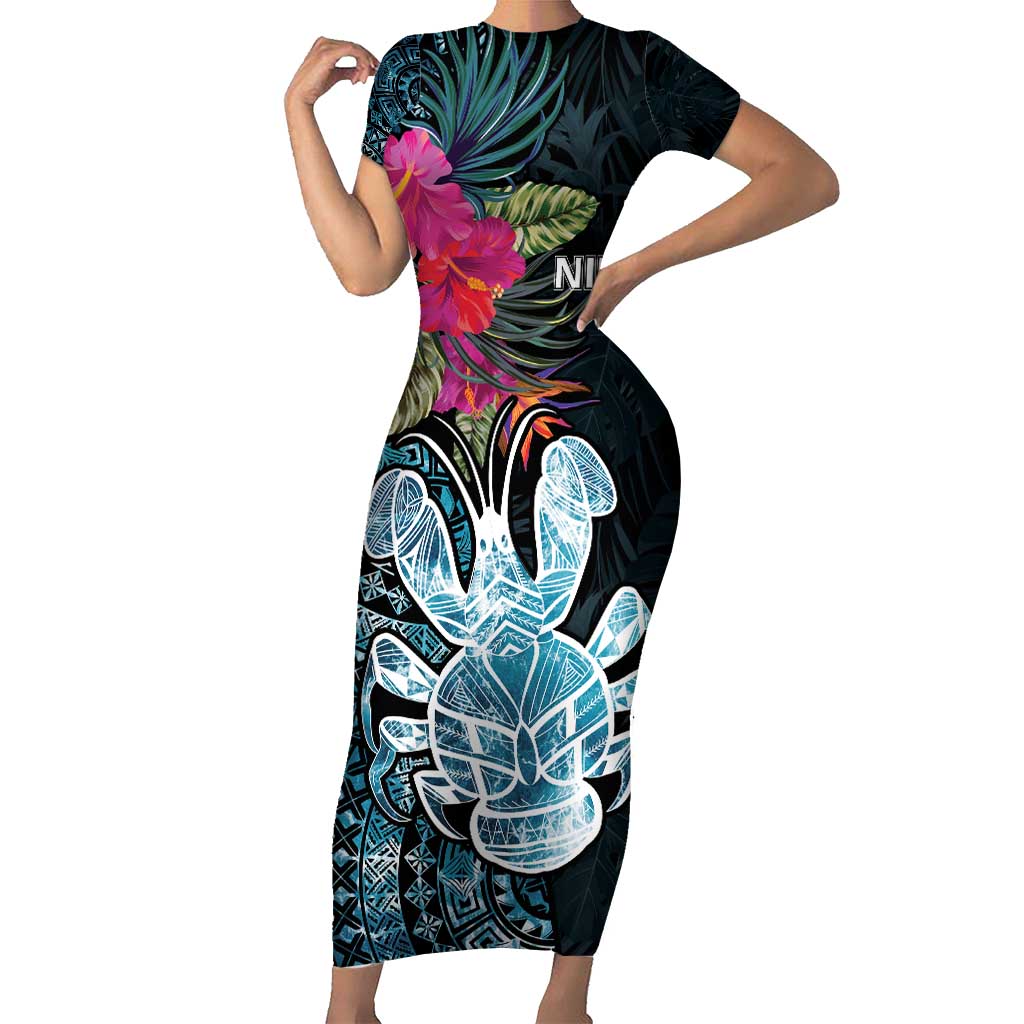 Niue Personalised Short Sleeve Bodycon Dress Hiapo Mix Coconut Crab LT7 Long Dress Art - Polynesian Pride