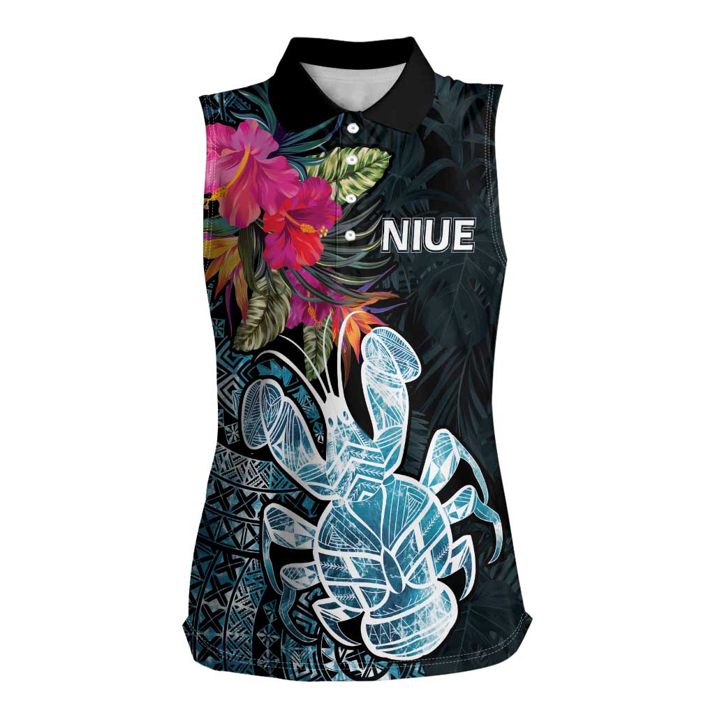Niue Personalised Women Sleeveless Polo Shirt Hiapo Mix Coconut Crab LT7 Female Art - Polynesian Pride