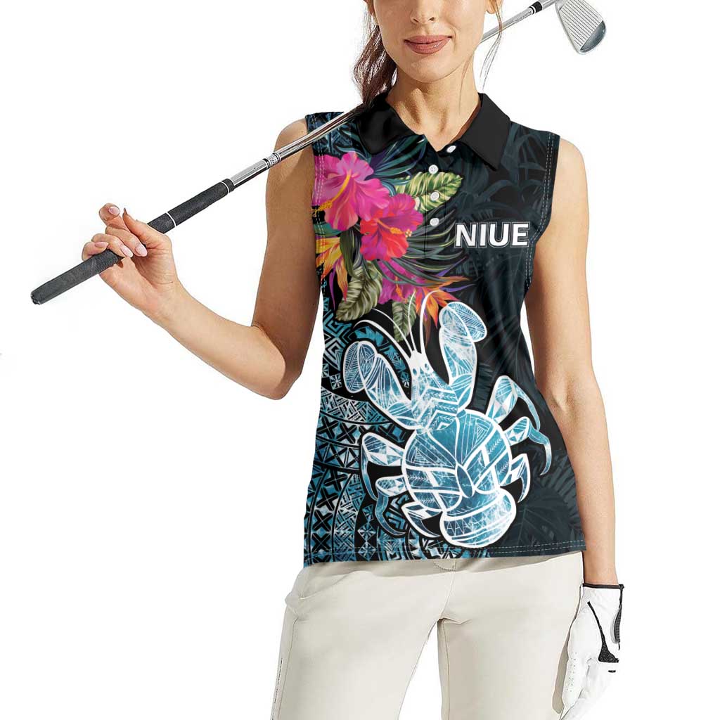 Niue Personalised Women Sleeveless Polo Shirt Hiapo Mix Coconut Crab