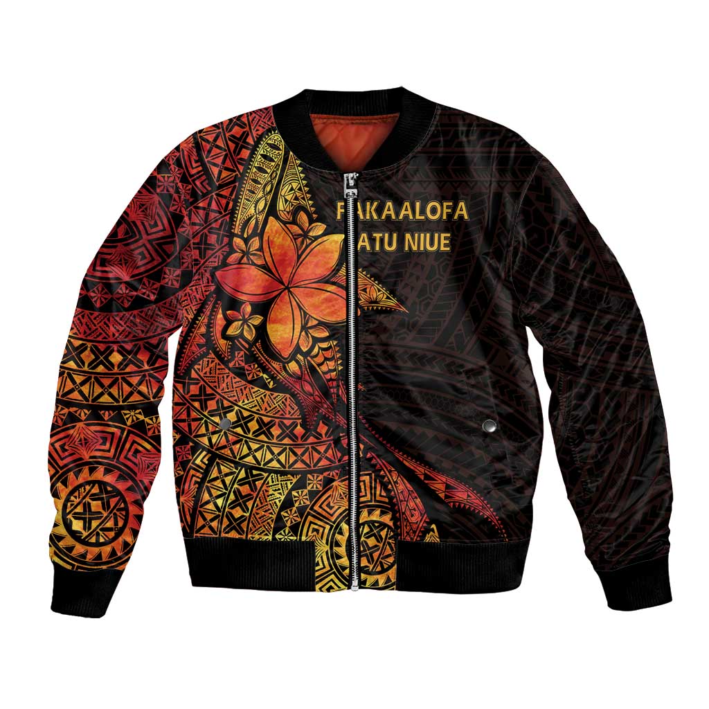 Niue Fakaalofa Atu Personalised Bomber Jacket Whale Hiapo Fiery Motif LT7 Unisex Art - Polynesian Pride