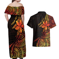 Niue Fakaalofa Atu Personalised Couples Matching Off Shoulder Maxi Dress and Hawaiian Shirt Whale Hiapo Fiery Motif