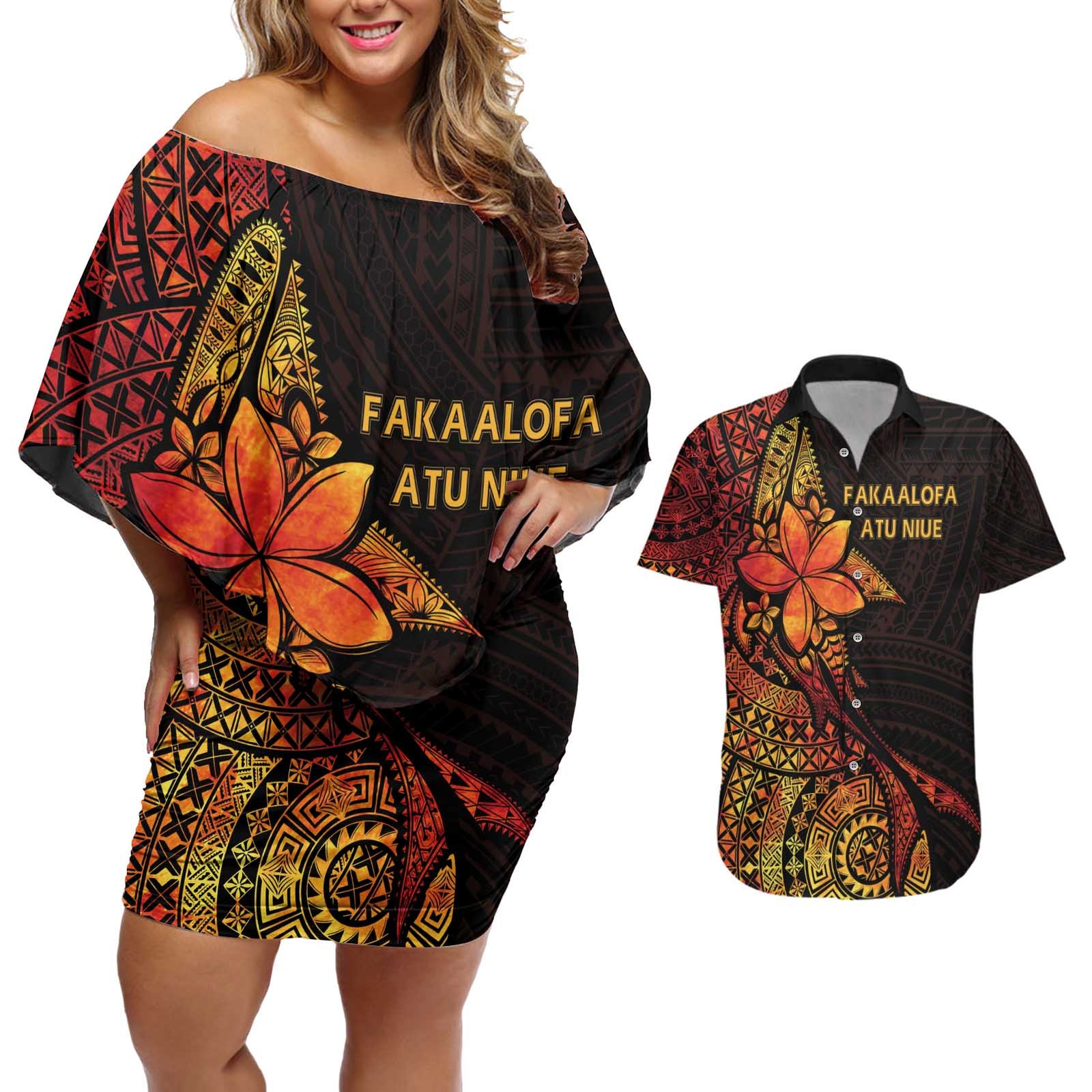 Niue Fakaalofa Atu Personalised Couples Matching Off Shoulder Short Dress and Hawaiian Shirt Whale Hiapo Fiery Motif LT7 Art - Polynesian Pride