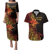 Niue Fakaalofa Atu Personalised Couples Matching Puletasi and Hawaiian Shirt Whale Hiapo Fiery Motif