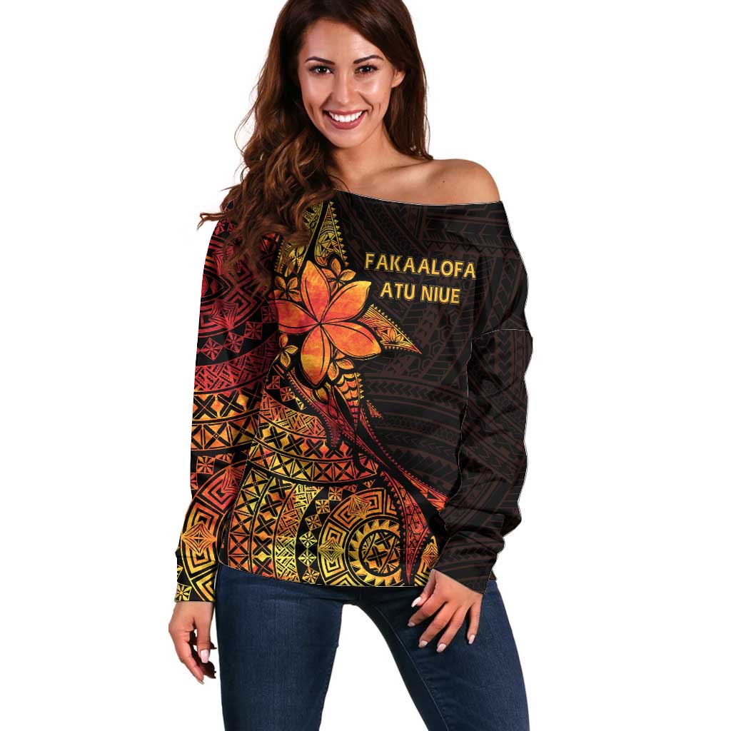 Niue Fakaalofa Atu Personalised Off Shoulder Sweater Whale Hiapo Fiery Motif LT7 Women Art - Polynesian Pride