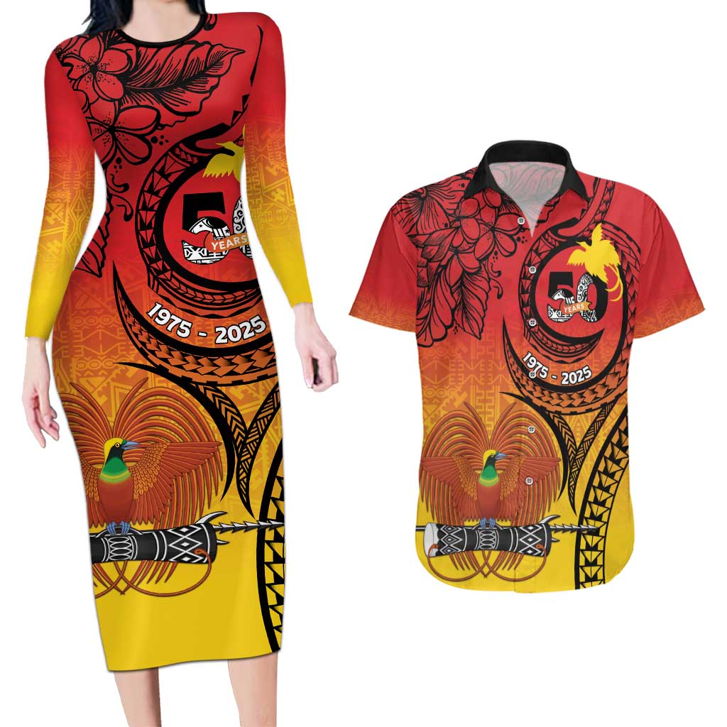 Papua New Guinea 50 Years Couples Matching Long Sleeve Bodycon Dress and Hawaiian Shirt Motuan Motifs LT7 Colorful - Polynesian Pride
