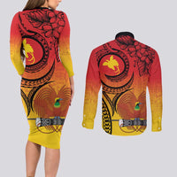 Papua New Guinea 50 Years Couples Matching Long Sleeve Bodycon Dress and Long Sleeve Button Shirt Motuan Motifs
