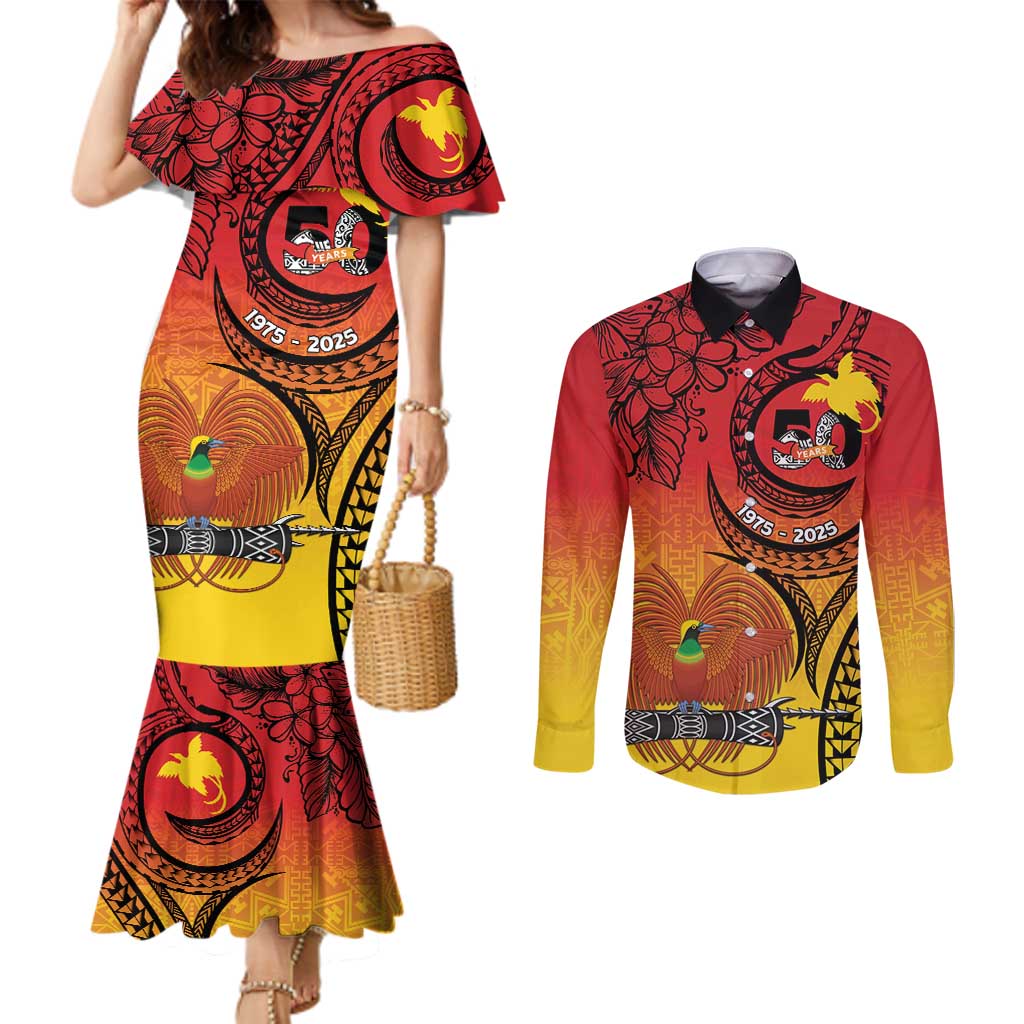 Papua New Guinea 50 Years Couples Matching Mermaid Dress and Long Sleeve Button Shirt Motuan Motifs LT7 Colorful - Polynesian Pride