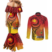 Papua New Guinea 50 Years Couples Matching Mermaid Dress and Long Sleeve Button Shirt Motuan Motifs