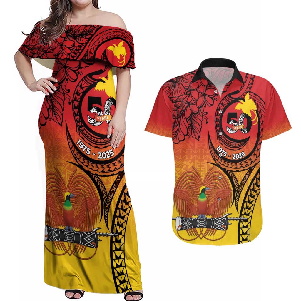 Papua New Guinea 50 Years Couples Matching Off Shoulder Maxi Dress and Hawaiian Shirt Motuan Motifs LT7 Colorful - Polynesian Pride