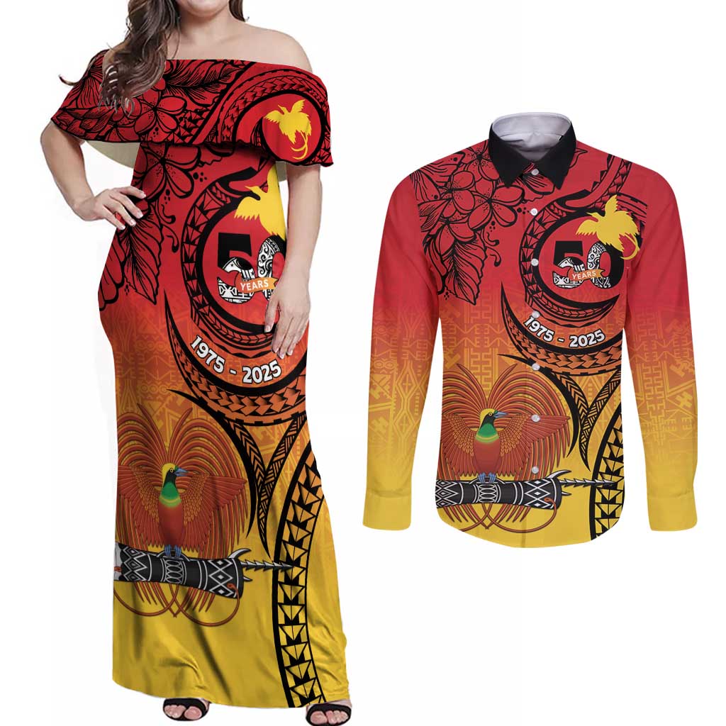 Papua New Guinea 50 Years Couples Matching Off Shoulder Maxi Dress and Long Sleeve Button Shirt Motuan Motifs LT7 Colorful - Polynesian Pride