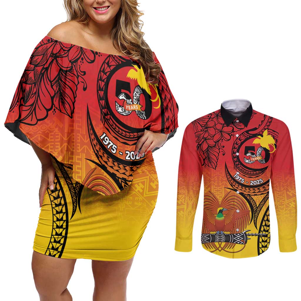 Papua New Guinea 50 Years Couples Matching Off Shoulder Short Dress and Long Sleeve Button Shirt Motuan Motifs