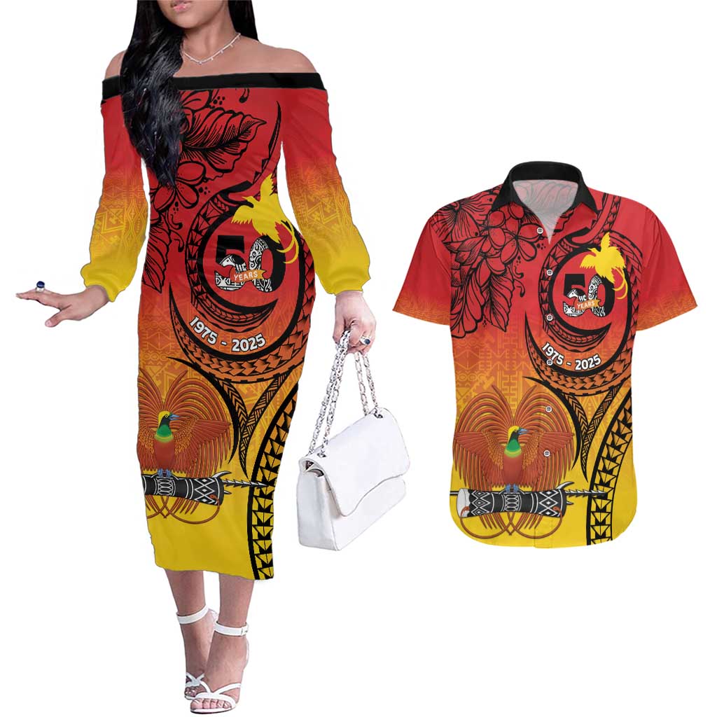 Papua New Guinea 50 Years Couples Matching Off The Shoulder Long Sleeve Dress and Hawaiian Shirt Motuan Motifs LT7 Colorful - Polynesian Pride