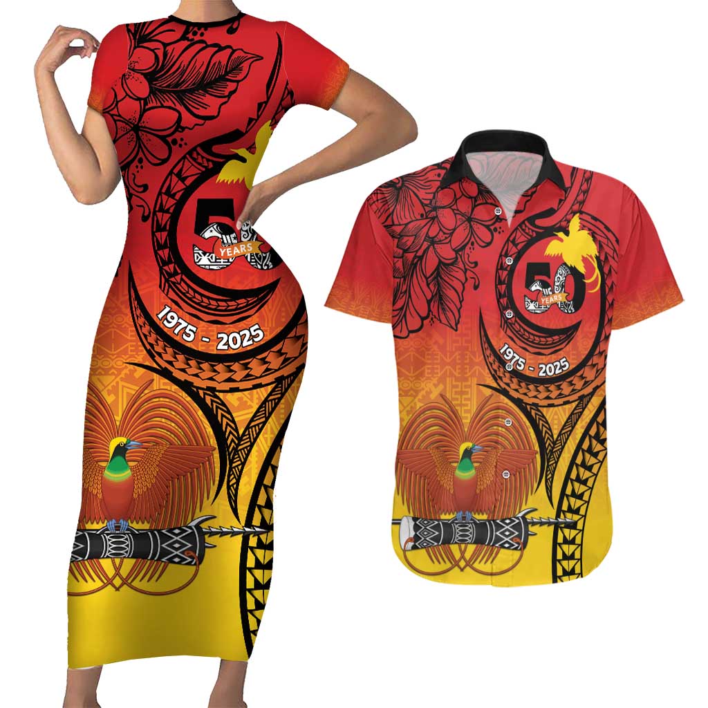 Papua New Guinea 50 Years Couples Matching Short Sleeve Bodycon Dress and Hawaiian Shirt Motuan Motifs LT7 Colorful - Polynesian Pride