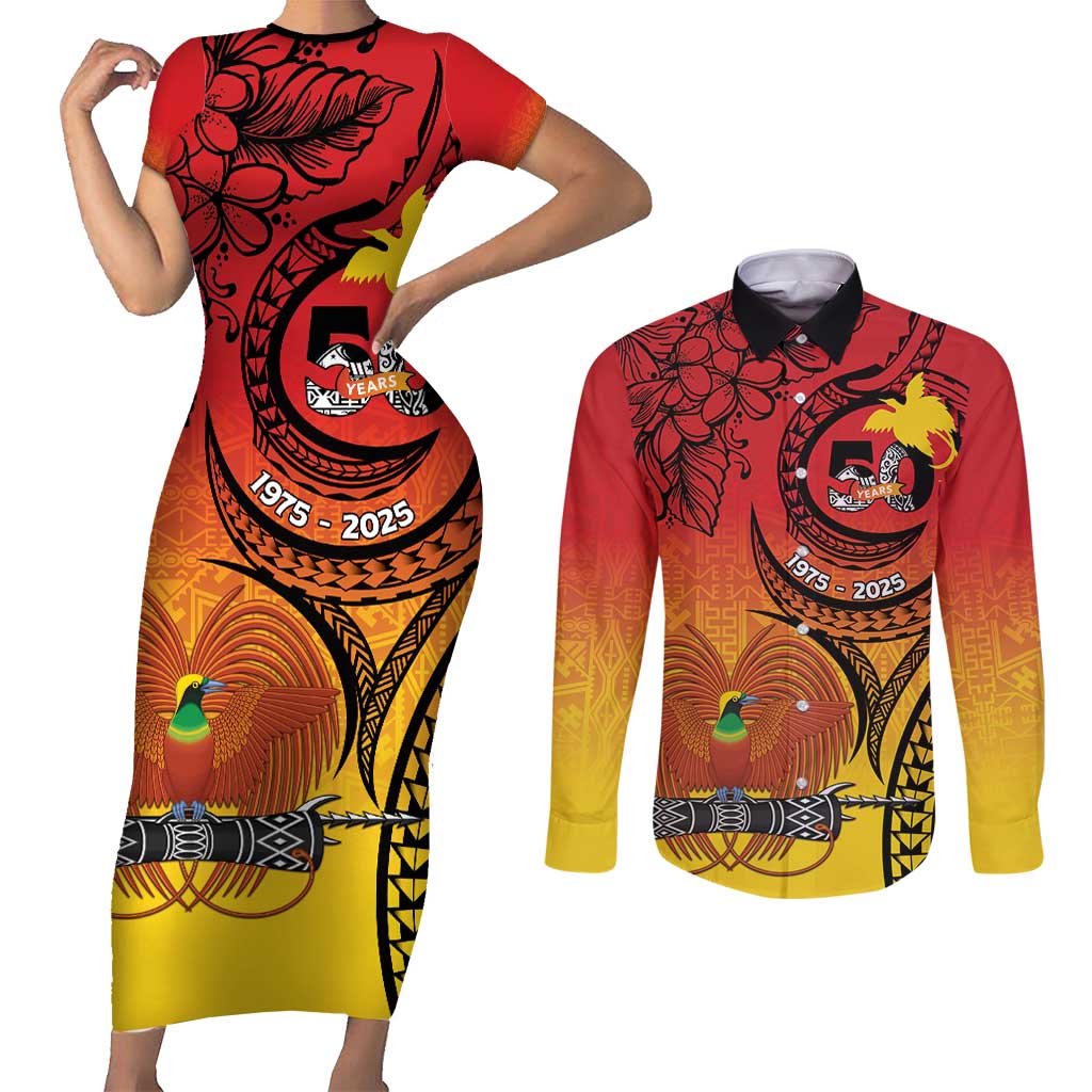 Papua New Guinea 50 Years Couples Matching Short Sleeve Bodycon Dress and Long Sleeve Button Shirt Motuan Motifs LT7 Colorful - Polynesian Pride