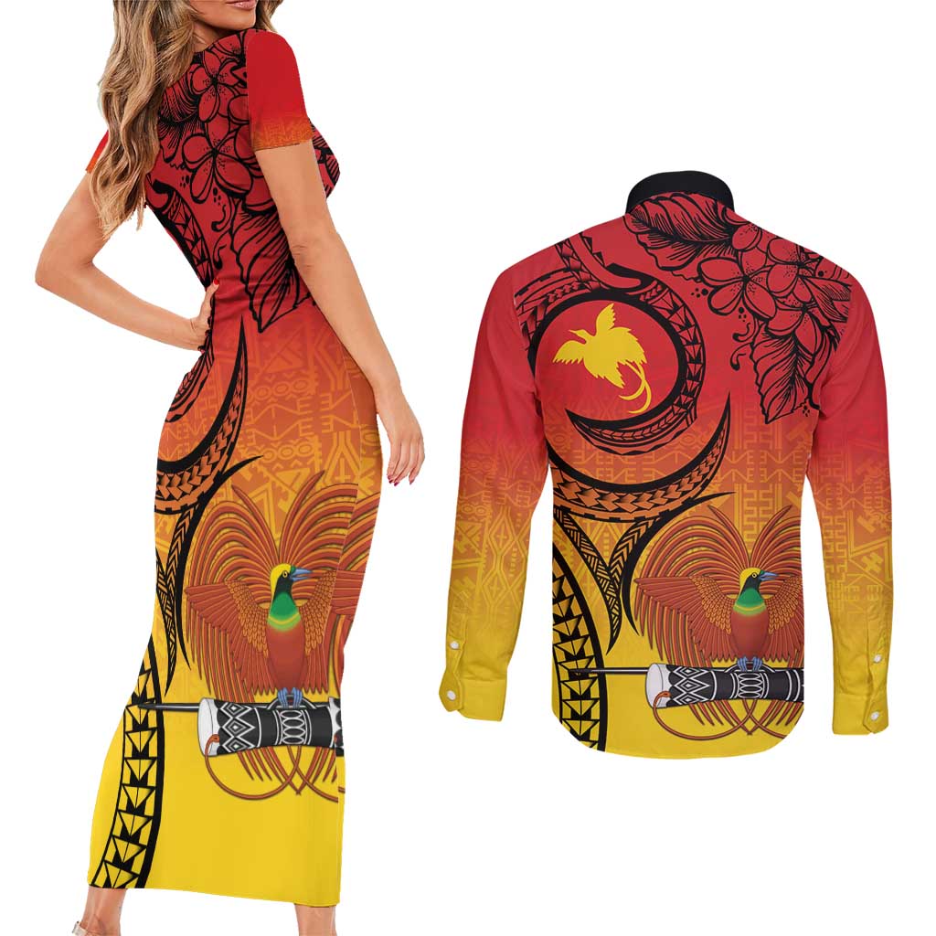 Papua New Guinea 50 Years Couples Matching Short Sleeve Bodycon Dress and Long Sleeve Button Shirt Motuan Motifs