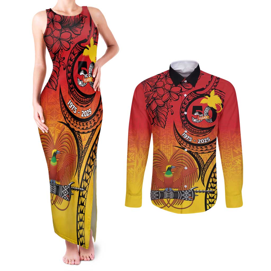 Papua New Guinea 50 Years Couples Matching Tank Maxi Dress and Long Sleeve Button Shirt Motuan Motifs