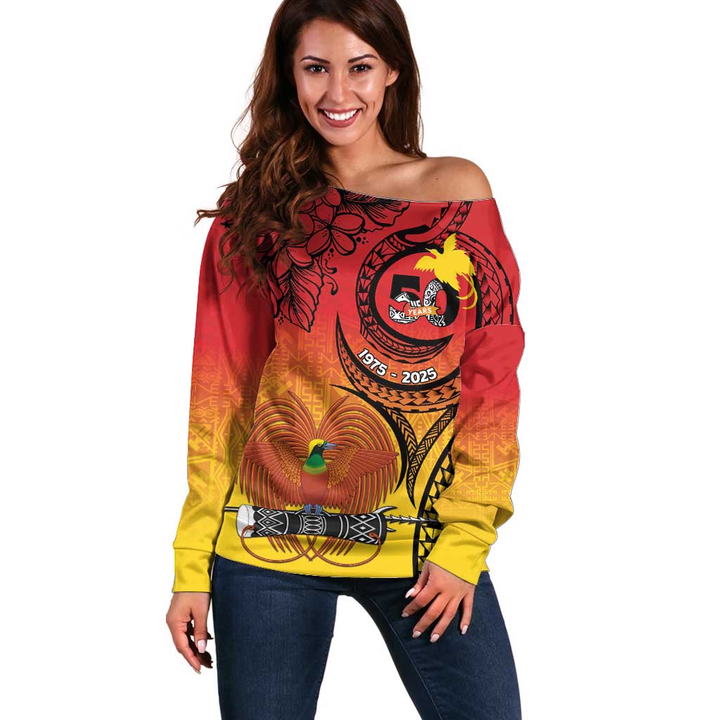 Papua New Guinea 50 Years Off Shoulder Sweater Motuan Motifs LT7 Women Colorful - Polynesian Pride