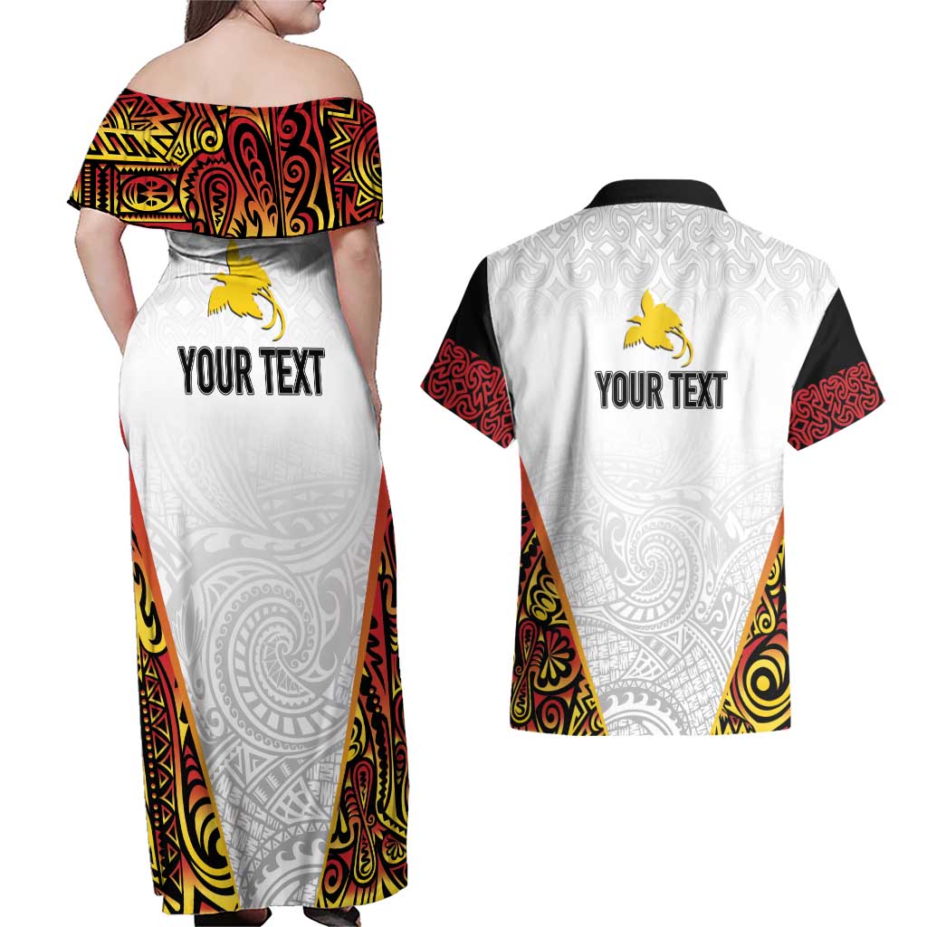 Personalized Papua New Guinea Couples Matching Off Shoulder Maxi Dress and Hawaiian Shirt Hapi De bilong Indipendens PNG