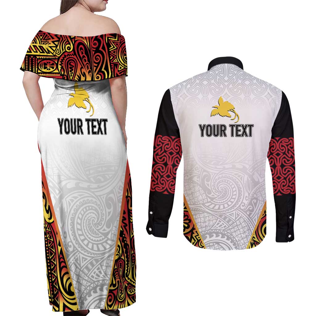 Personalized Papua New Guinea Couples Matching Off Shoulder Maxi Dress and Long Sleeve Button Shirt Hapi De bilong Indipendens PNG