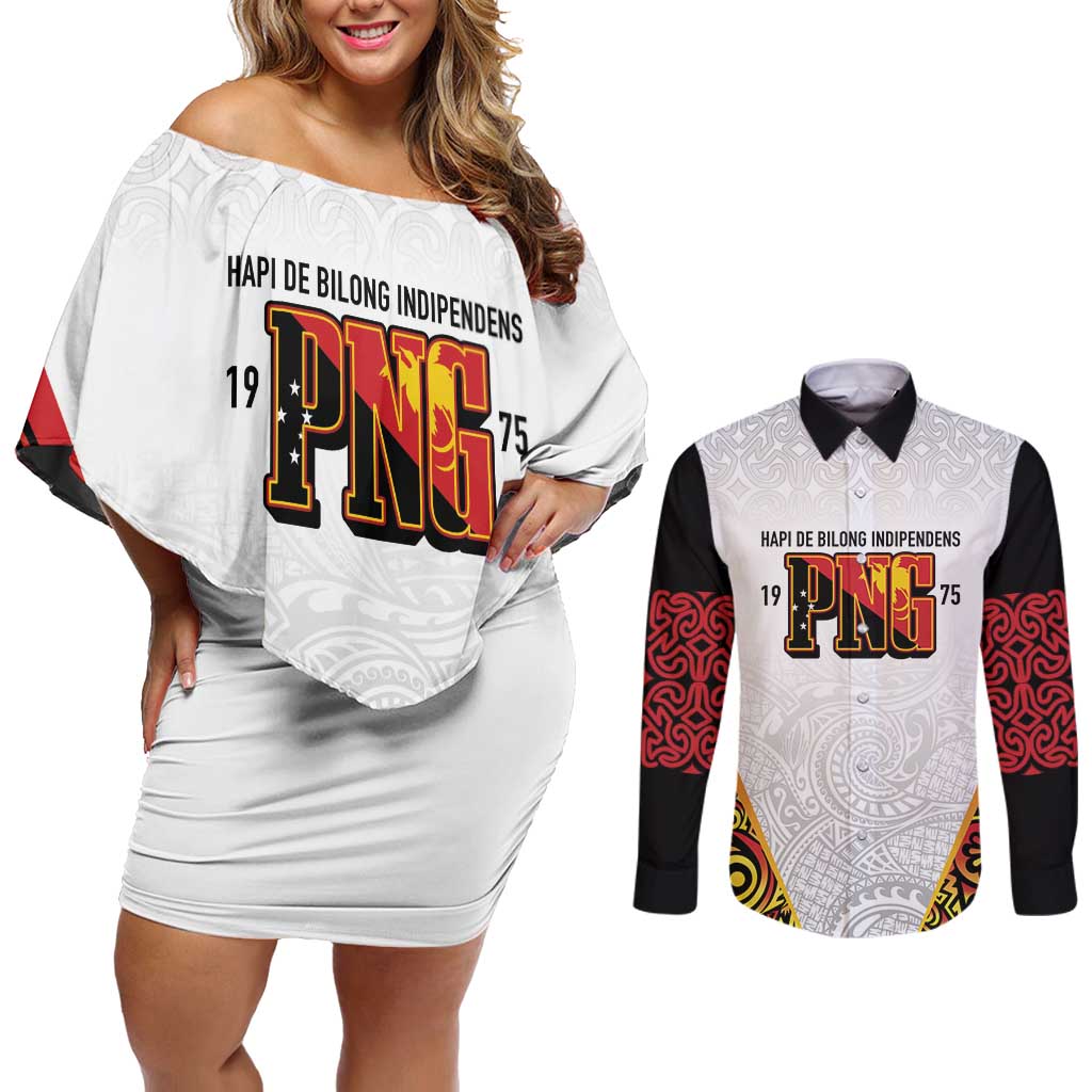 Personalized Papua New Guinea Couples Matching Off Shoulder Short Dress and Long Sleeve Button Shirt Hapi De bilong Indipendens PNG