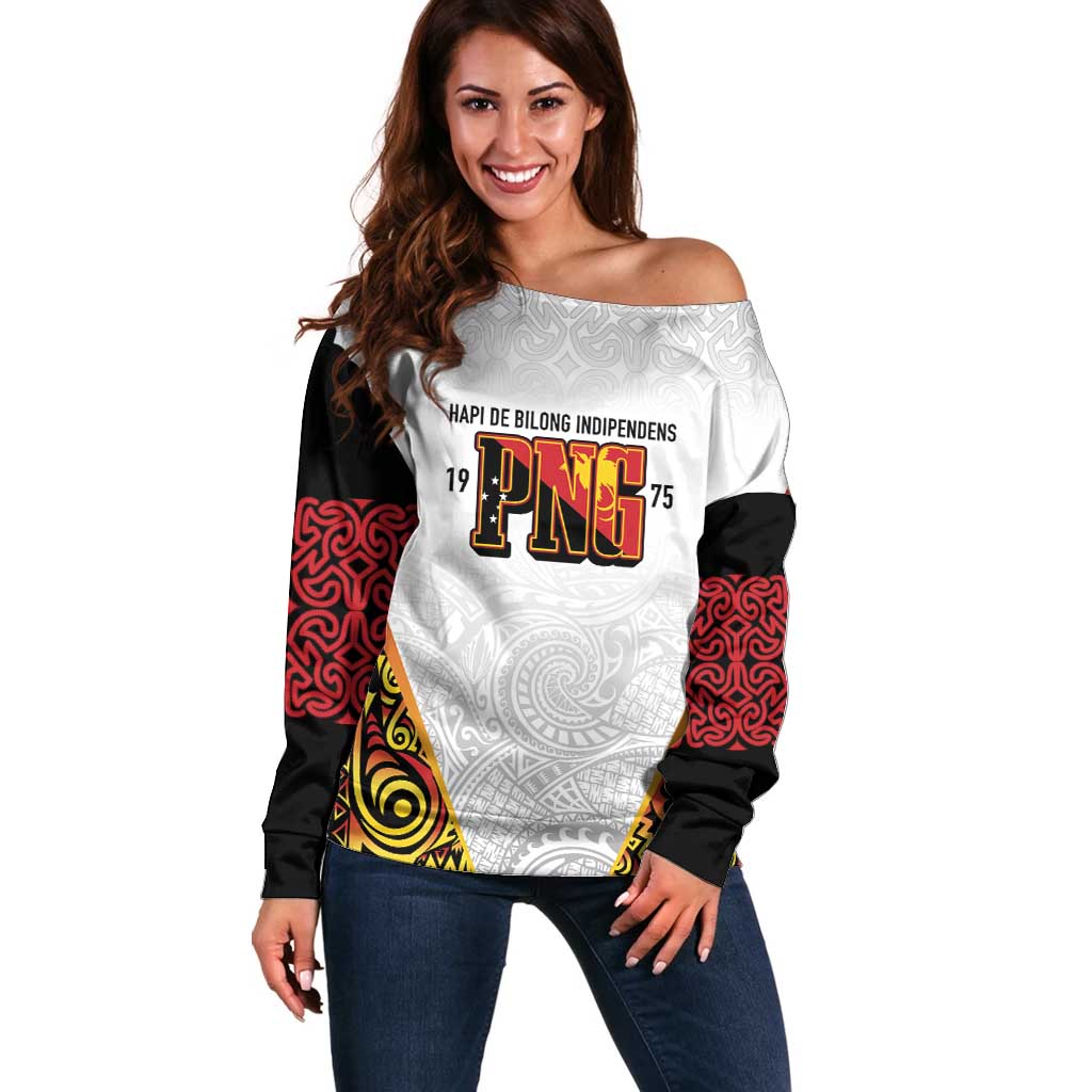 Personalized Papua New Guinea Off Shoulder Sweater Hapi De bilong Indipendens PNG LT7 Women White - Polynesian Pride