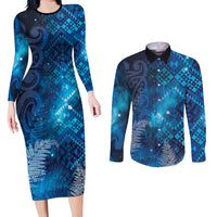 Aotearoa Taniko Matariki Couples Matching Long Sleeve Bodycon Dress and Long Sleeve Button Shirt Cosmic Blue LT7 Blue - Polynesian Pride