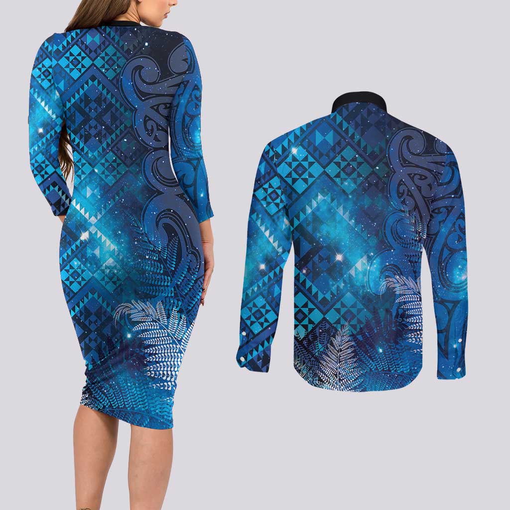 Aotearoa Taniko Matariki Couples Matching Long Sleeve Bodycon Dress and Long Sleeve Button Shirt Cosmic Blue LT7 - Polynesian Pride