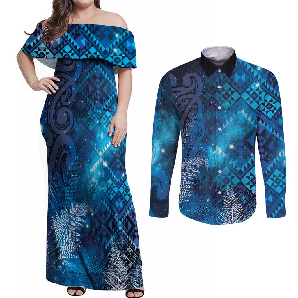 Aotearoa Taniko Matariki Couples Matching Off Shoulder Maxi Dress and Long Sleeve Button Shirt Cosmic Blue LT7 Blue - Polynesian Pride