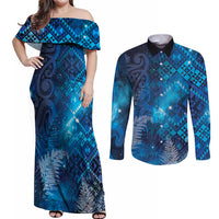 Aotearoa Taniko Matariki Couples Matching Off Shoulder Maxi Dress and Long Sleeve Button Shirt Cosmic Blue LT7 Blue - Polynesian Pride