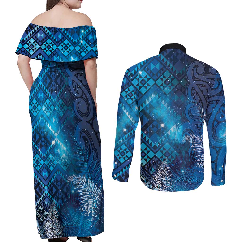 Aotearoa Taniko Matariki Couples Matching Off Shoulder Maxi Dress and Long Sleeve Button Shirt Cosmic Blue LT7 - Polynesian Pride