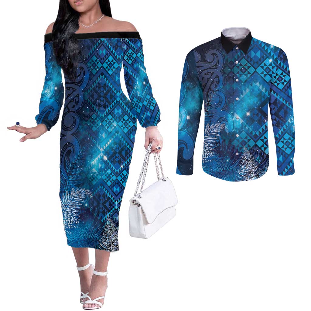 Aotearoa Taniko Matariki Couples Matching Off The Shoulder Long Sleeve Dress and Long Sleeve Button Shirt Cosmic Blue LT7 Blue - Polynesian Pride