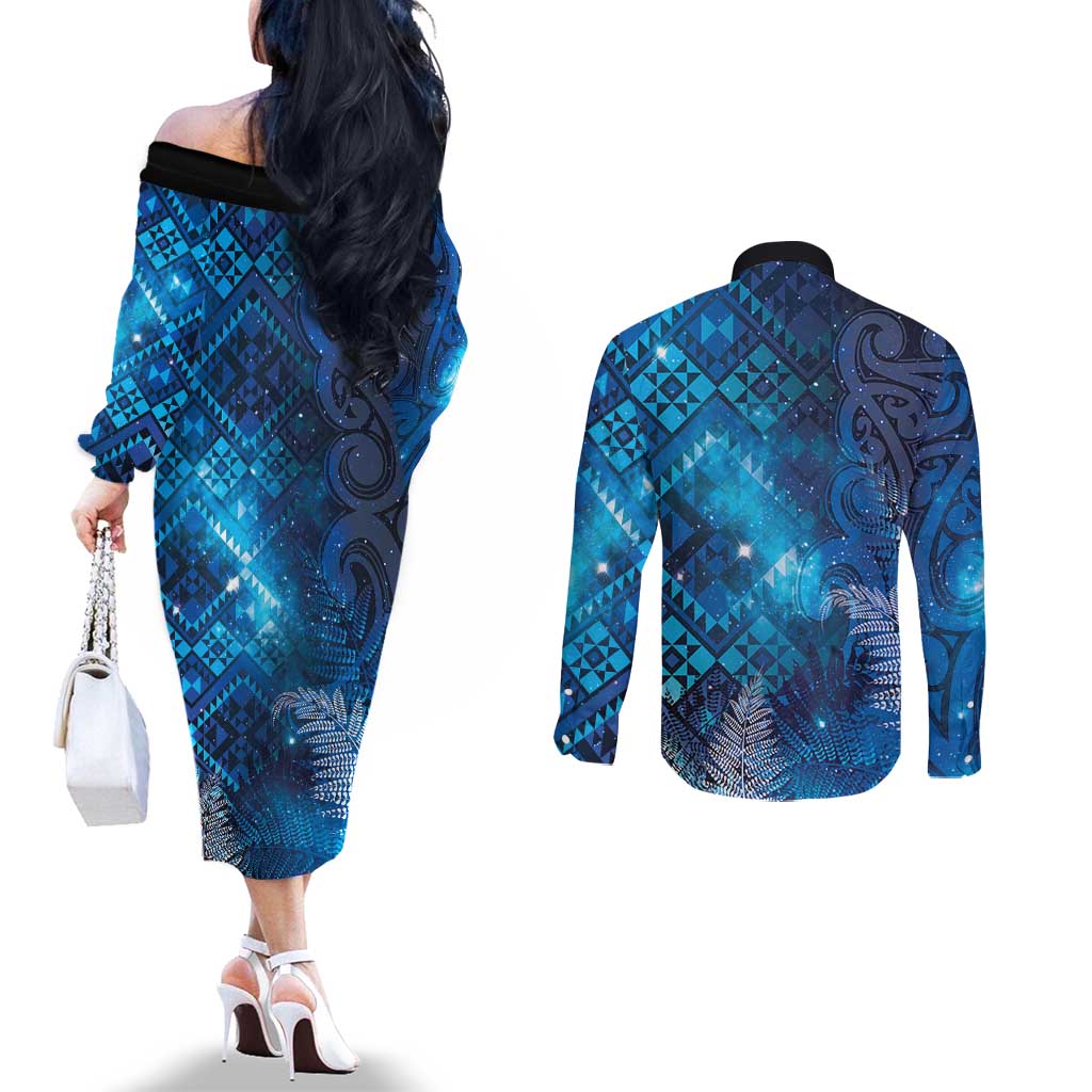 Aotearoa Taniko Matariki Couples Matching Off The Shoulder Long Sleeve Dress and Long Sleeve Button Shirt Cosmic Blue LT7 - Polynesian Pride