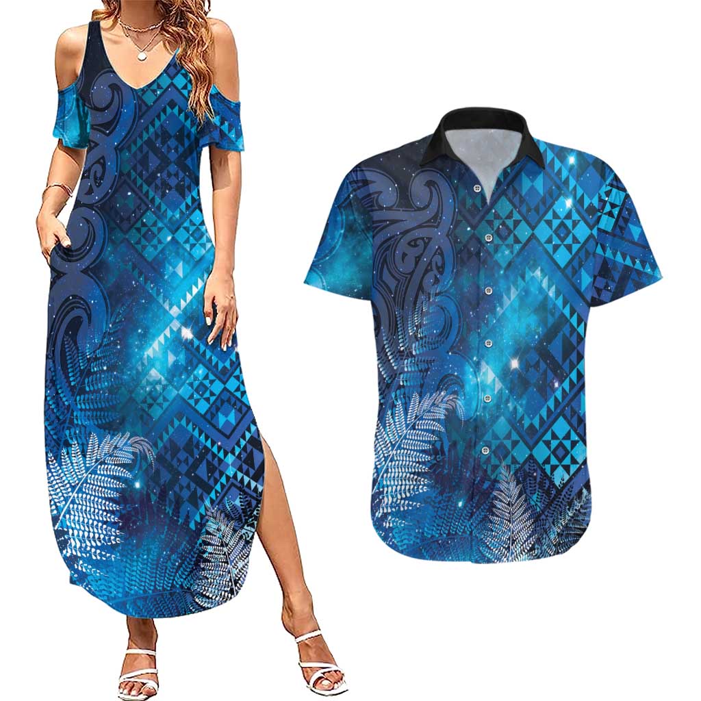 Aotearoa Taniko Matariki Couples Matching Summer Maxi Dress and Hawaiian Shirt Cosmic Blue