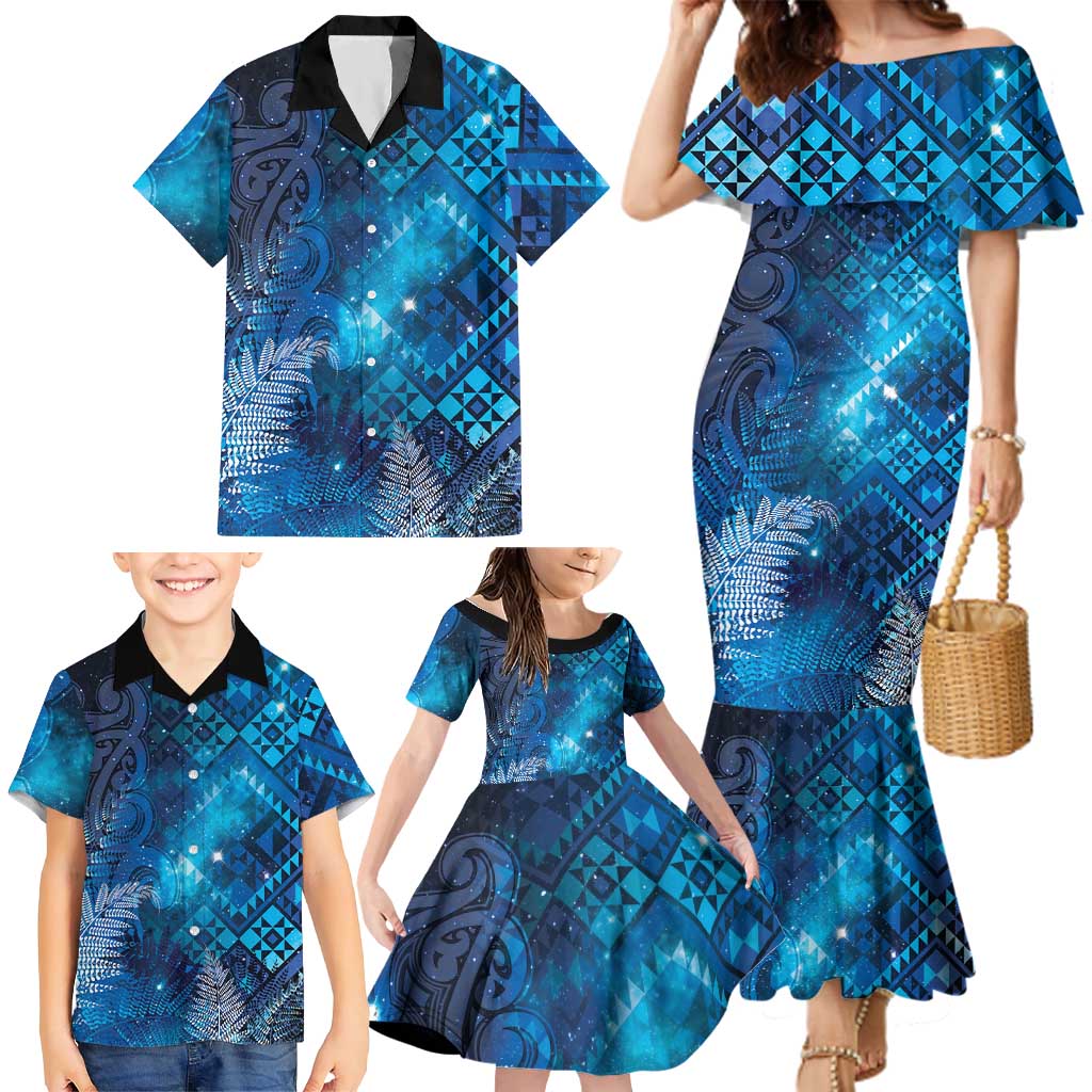 Aotearoa Taniko Matariki Family Matching Mermaid Dress and Hawaiian Shirt Cosmic Blue