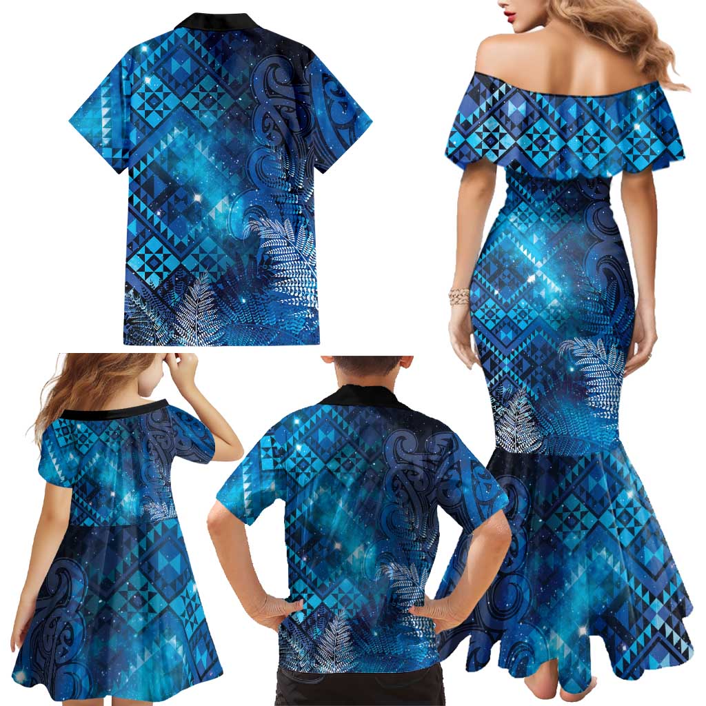 Aotearoa Taniko Matariki Family Matching Mermaid Dress and Hawaiian Shirt Cosmic Blue