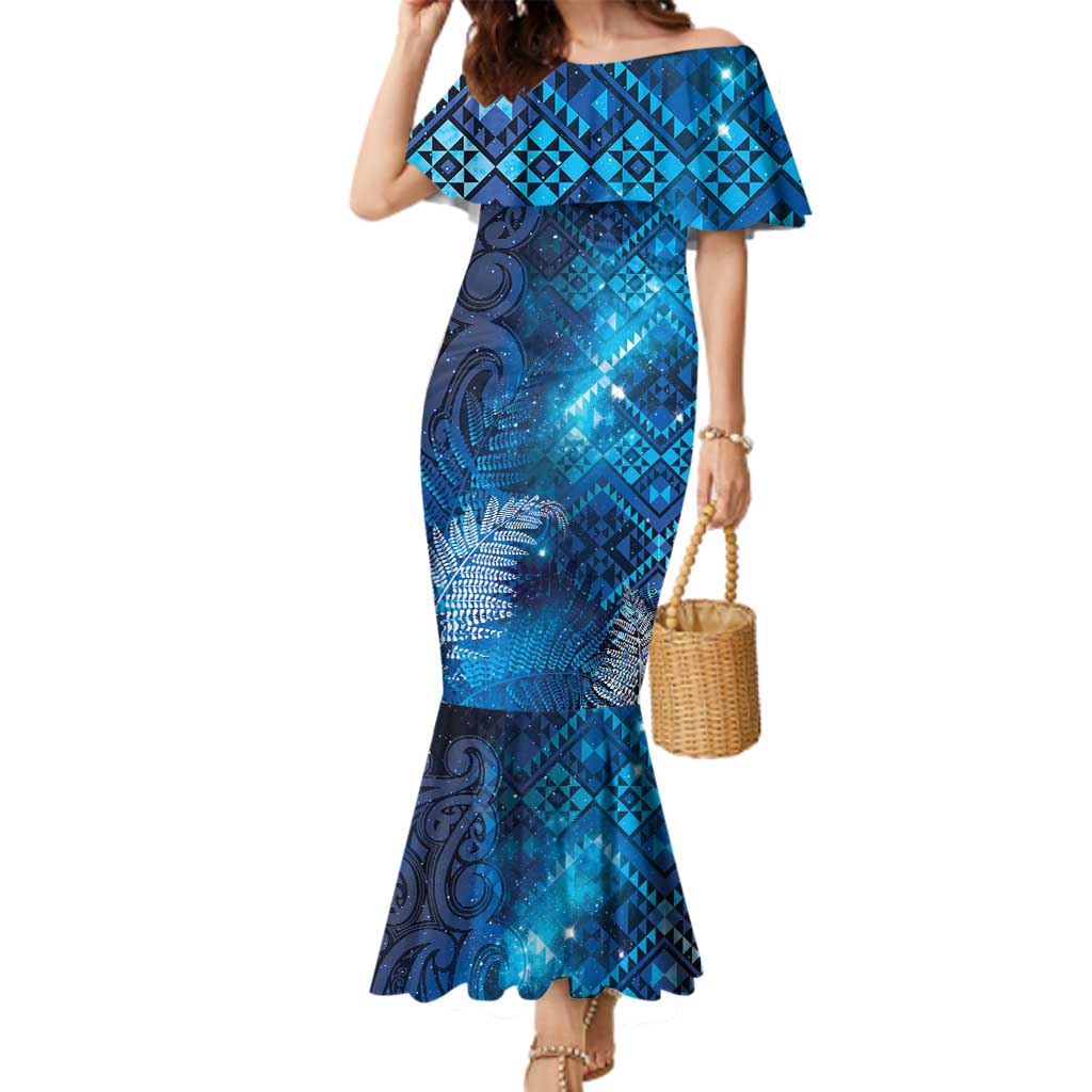 Aotearoa Taniko Matariki Family Matching Mermaid Dress and Hawaiian Shirt Cosmic Blue