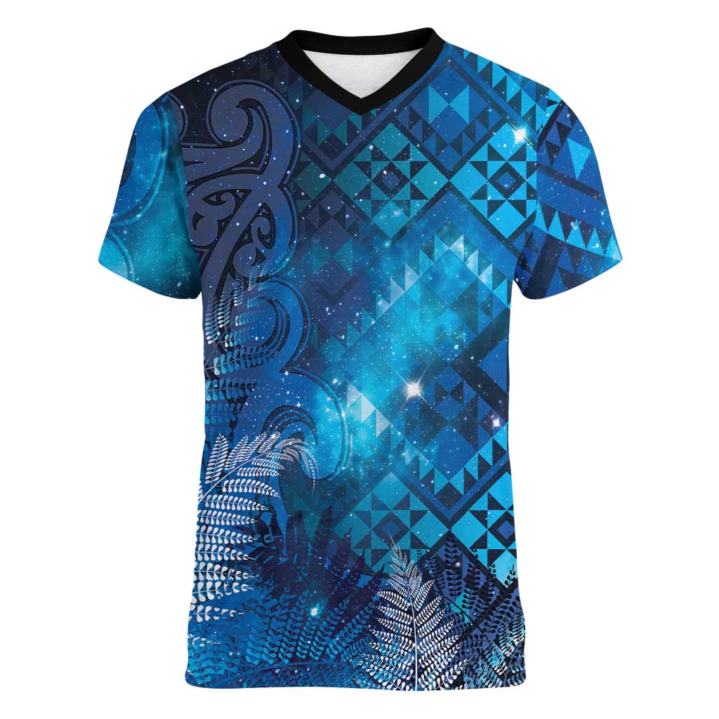 Aotearoa Taniko Matariki Women V-Neck T-Shirt Cosmic Blue LT7 Female Blue - Polynesian Pride