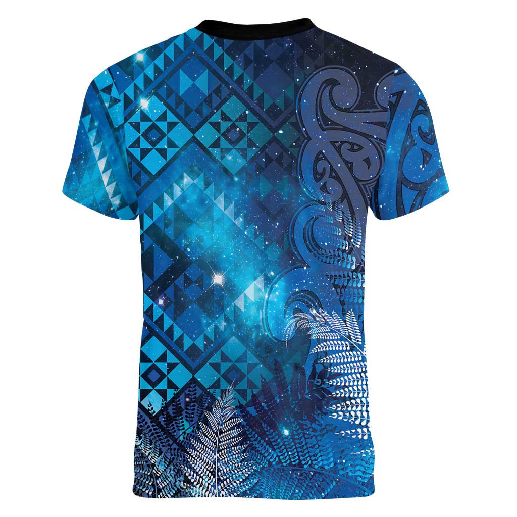 Aotearoa Taniko Matariki Women V-Neck T-Shirt Cosmic Blue LT7 - Polynesian Pride