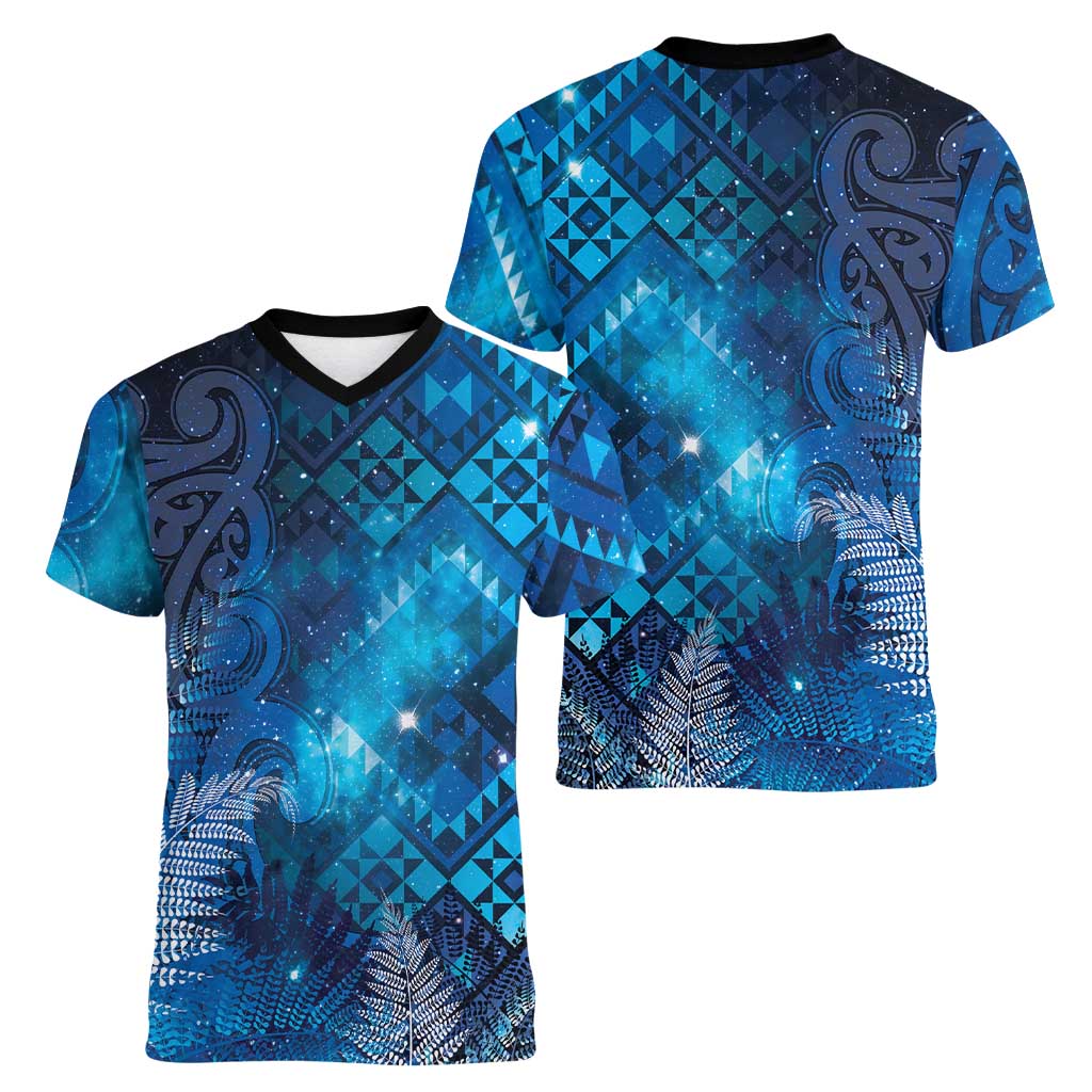 Aotearoa Taniko Matariki Women V-Neck T-Shirt Cosmic Blue LT7 - Polynesian Pride