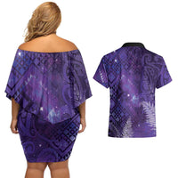 Aotearoa Taniko Matariki Couples Matching Off Shoulder Short Dress and Hawaiian Shirt Cosmic Violet LT7 - Polynesian Pride