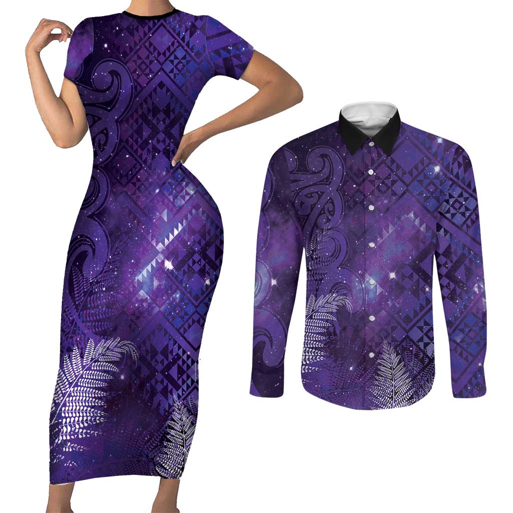 Aotearoa Taniko Matariki Couples Matching Short Sleeve Bodycon Dress and Long Sleeve Button Shirt Cosmic Violet LT7 Purple - Polynesian Pride