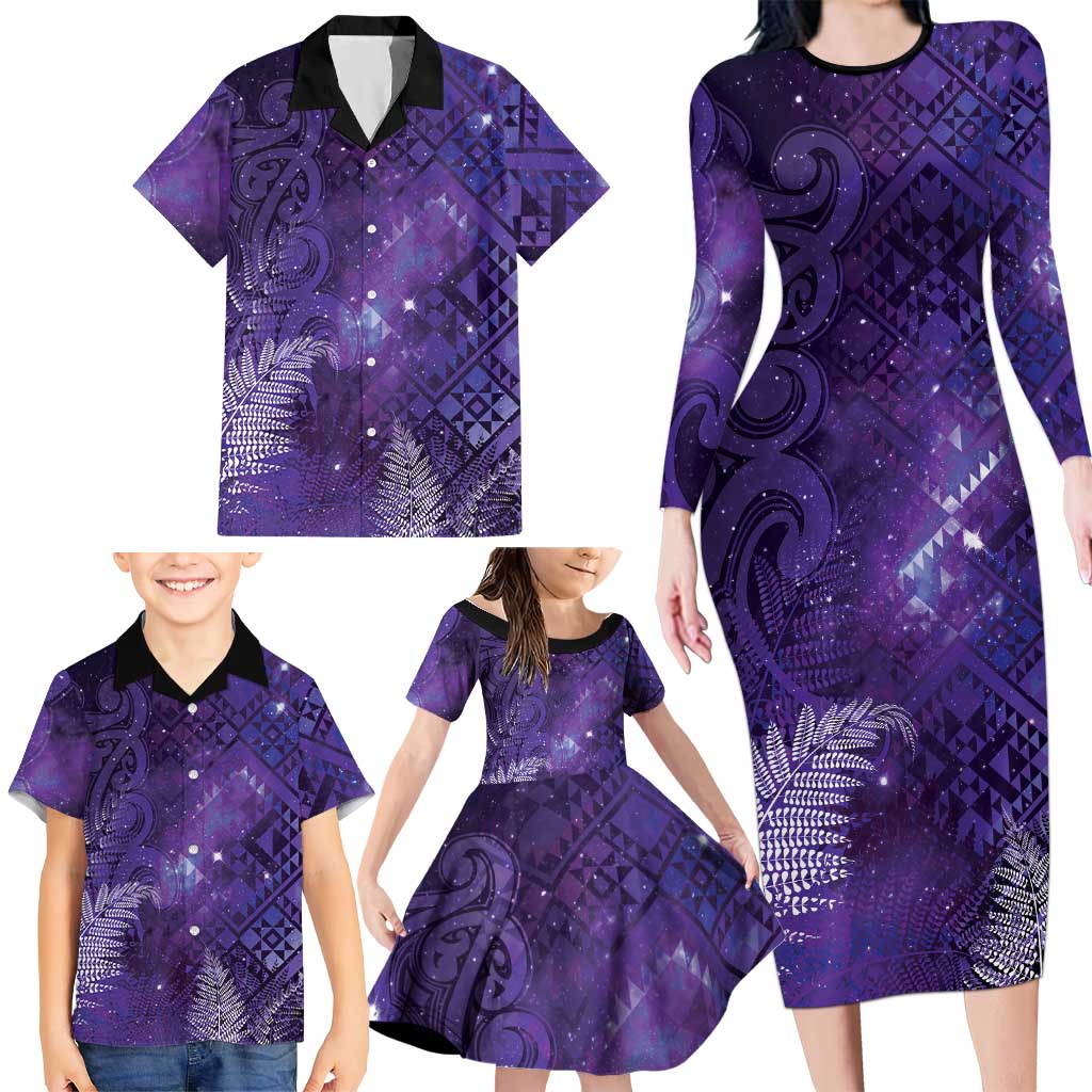 Aotearoa Taniko Matariki Family Matching Long Sleeve Bodycon Dress and Hawaiian Shirt Cosmic Violet LT7 - Polynesian Pride