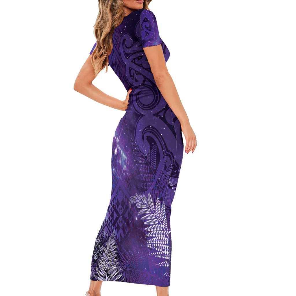 Aotearoa Taniko Matariki Short Sleeve Bodycon Dress Cosmic Violet LT7 - Polynesian Pride